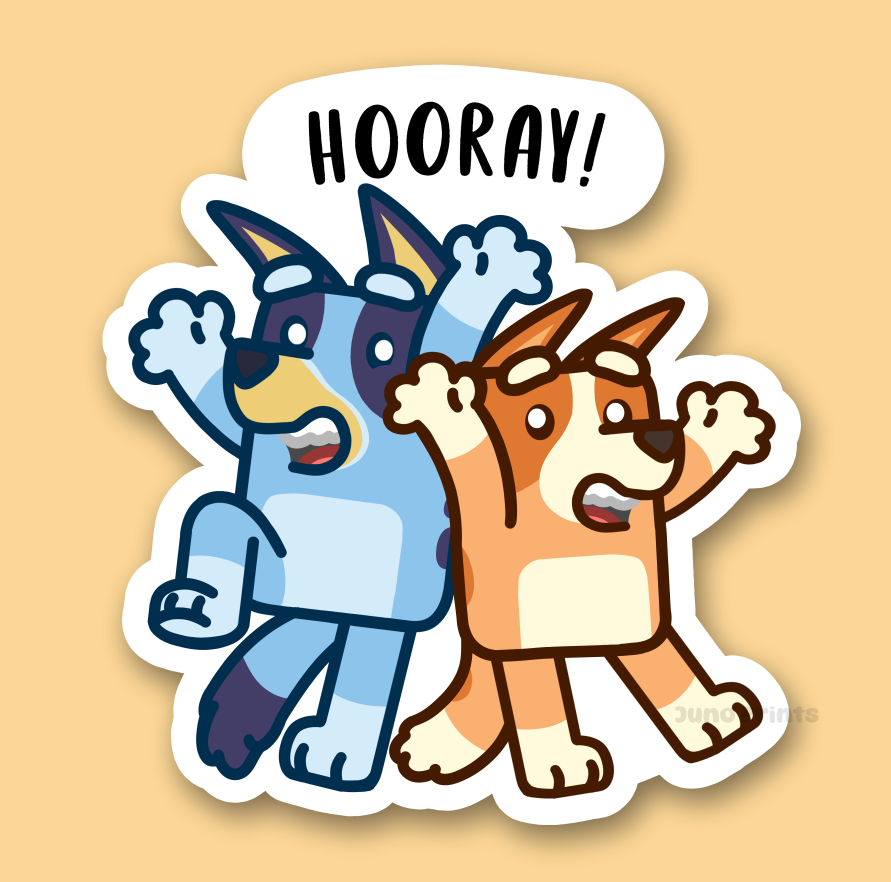 Bluey and Bingo Hooray! - 3" Australian Cattle Dog/Red/Blue Heelers Sticker or 2" Keychain