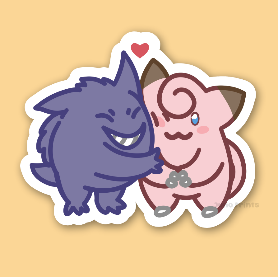 Gengar and Clefairy Cuddling - 3" Pokemon in Love Sticker or 2" Keychain