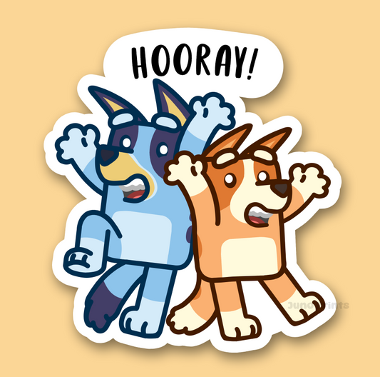 Bluey and Bingo Hooray! - 3" Australian Cattle Dog/Red/Blue Heelers Sticker or 2" Keychain