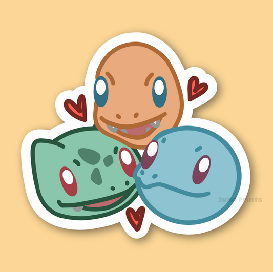 Generation One Starters - 3" Charmander, Squirtle, Bulbasaur Pokemon Trio Sticker or 2" Keychain