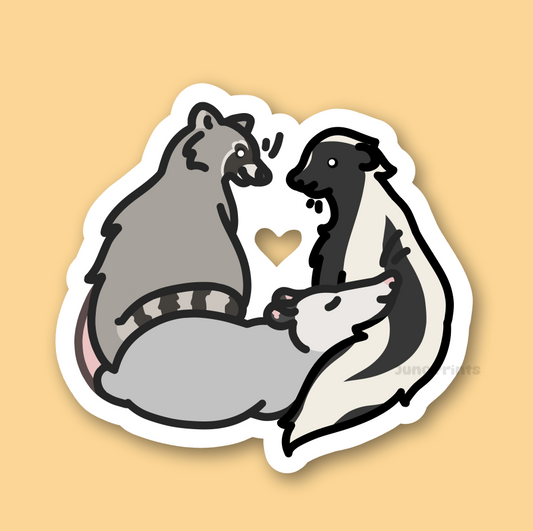 Trash Cat Trinity - Opossum, Raccoon, and Skunk in Love - 3" Waterproof Stinky Boys Sticker