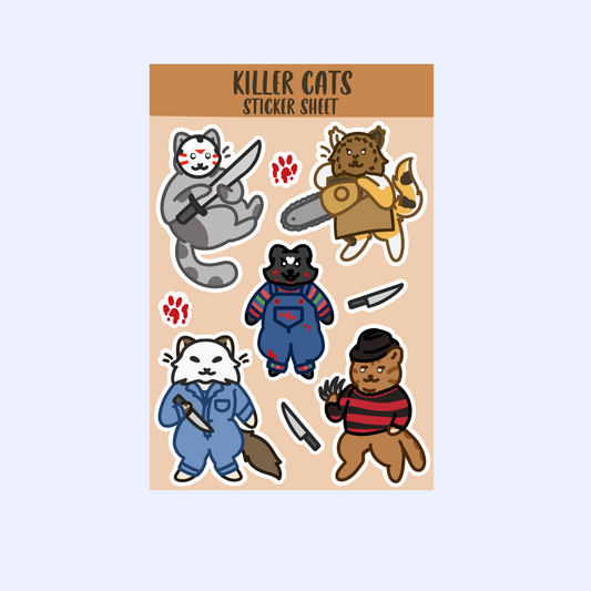 Killer Cats - Funny Horror/Slasher Antagonist Cats Sticker Sheet - 6" x 4" Waterproof Sticker Sheet